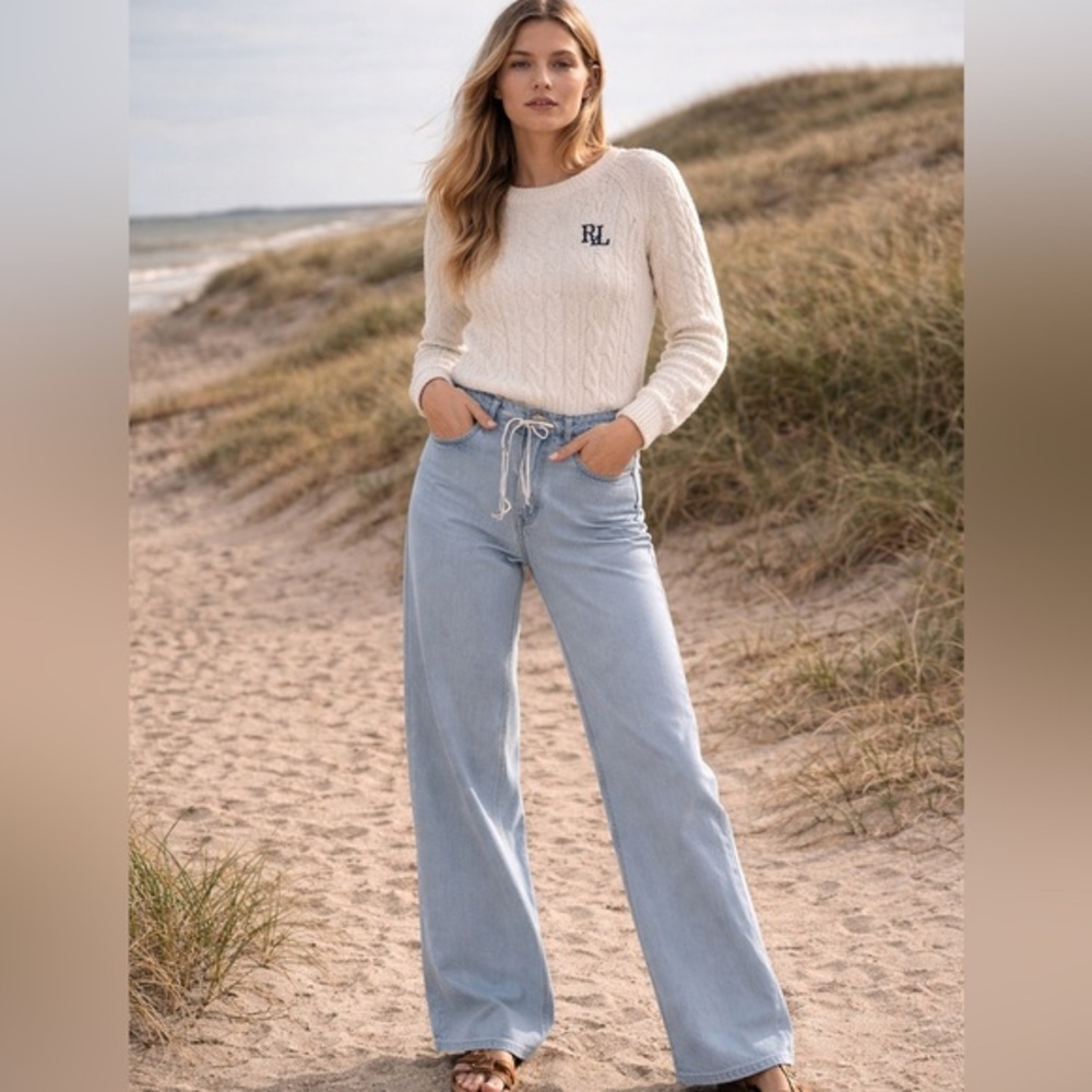 Flamingals light wash stretchy drawstring wide leg jeans size XL FG3-2